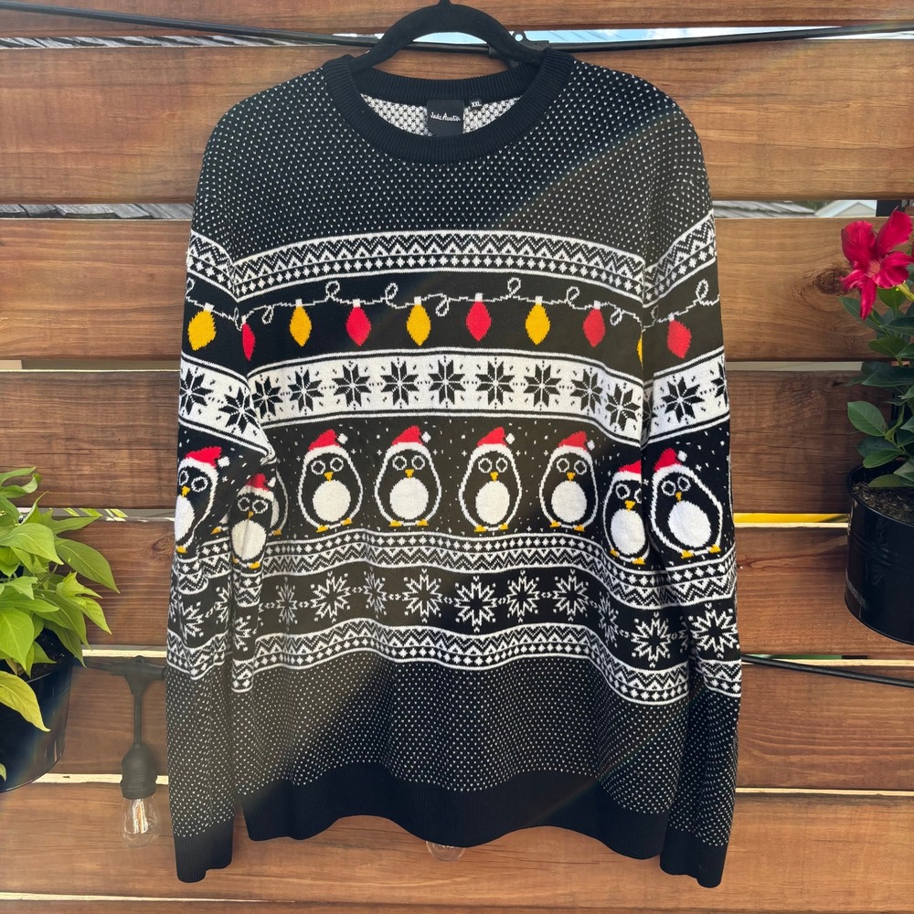 Jake Austin Christmas Sweater Mens XXL Black Penguin Fair Isle Excellent Holiday